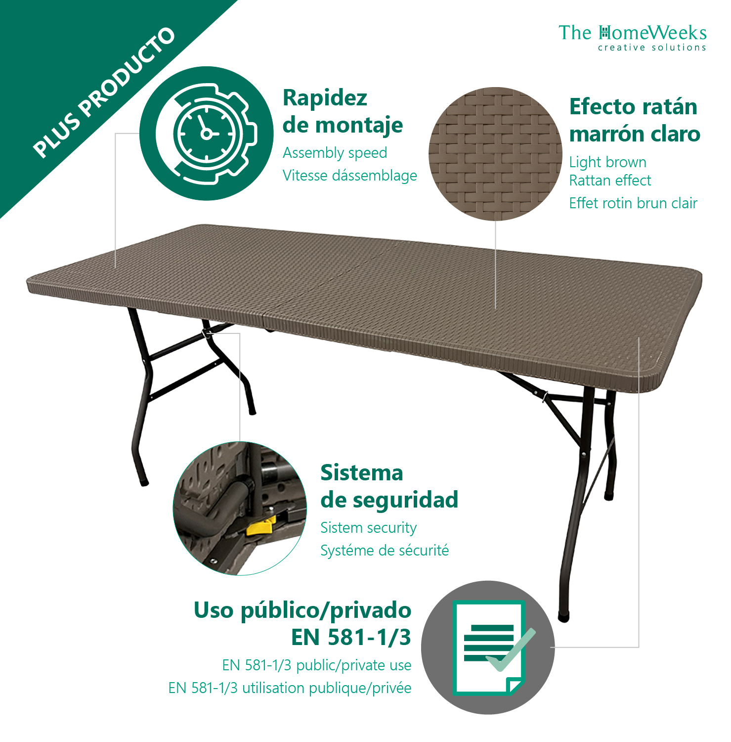 Mesa plegable efecto ratan claro 180 x 70 x 74cm portátil catering The Homeweeks - Imagen 6