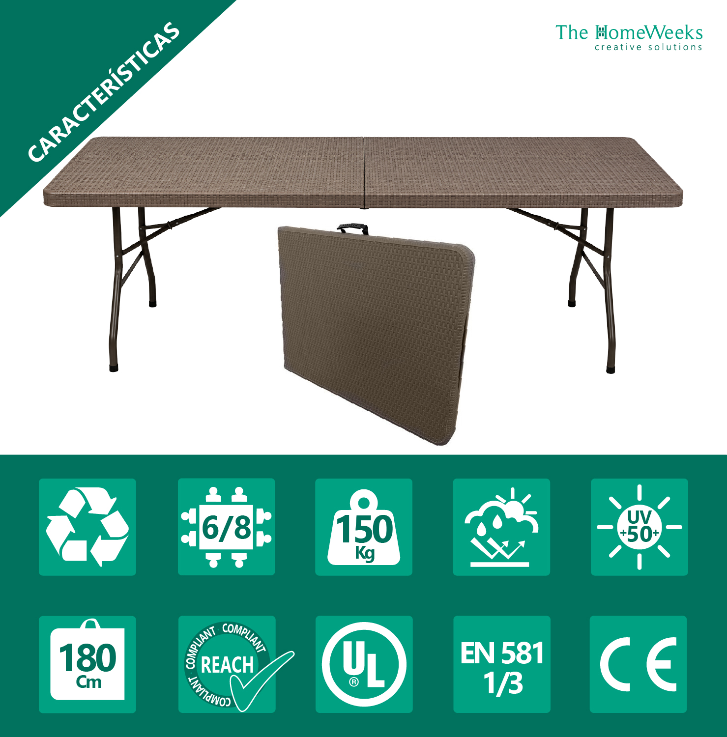 Mesa plegable efecto ratan claro 180 x 70 x 74cm portátil catering The Homeweeks - Imagen 4
