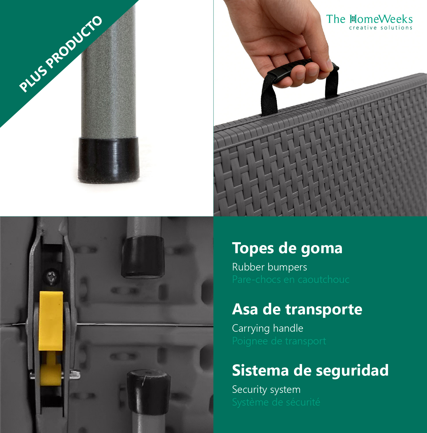 Mesa Plegable Solid Efecto Ratan Gris Antracita 180cm portátil Normativa Uso público Tablero Resina HDPE 3,5cm 6/8 pers. Carga 150 kg The Homeweeks - Imagen 7