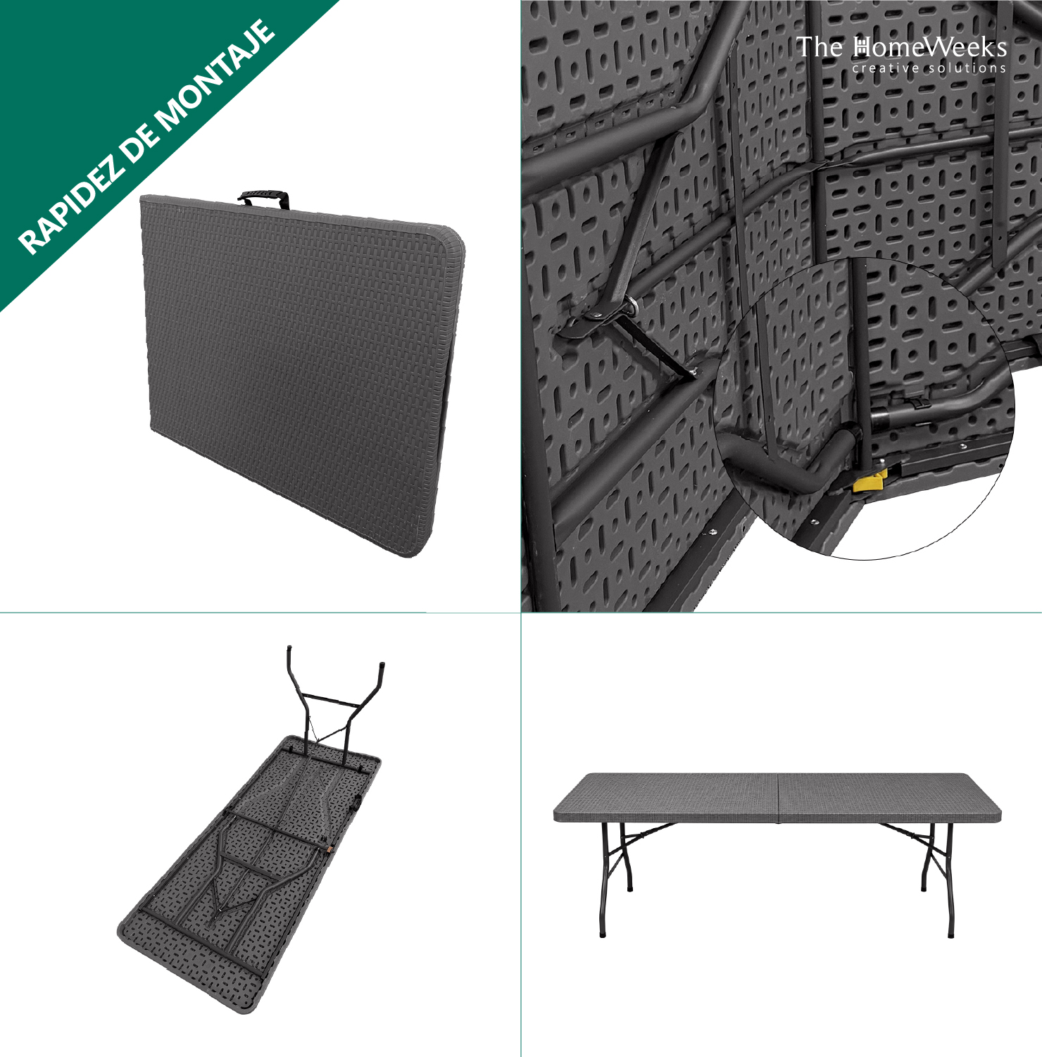 Mesa Plegable Solid Efecto Ratan Gris Antracita 180cm portátil Normativa Uso público Tablero Resina HDPE 3,5cm 6/8 pers. Carga 150 kg The Homeweeks - Imagen 6
