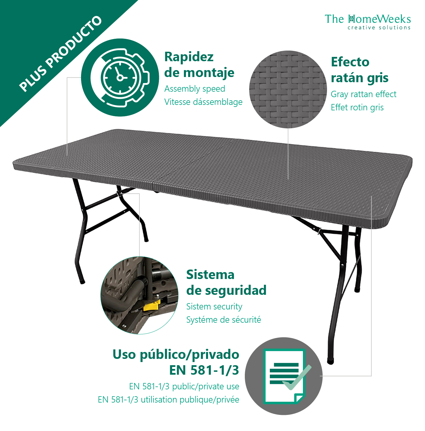 Mesa Plegable Solid Efecto Ratan Gris Antracita 180cm portátil Normativa Uso público Tablero Resina HDPE 3,5cm 6/8 pers. Carga 150 kg The Homeweeks - Imagen 8
