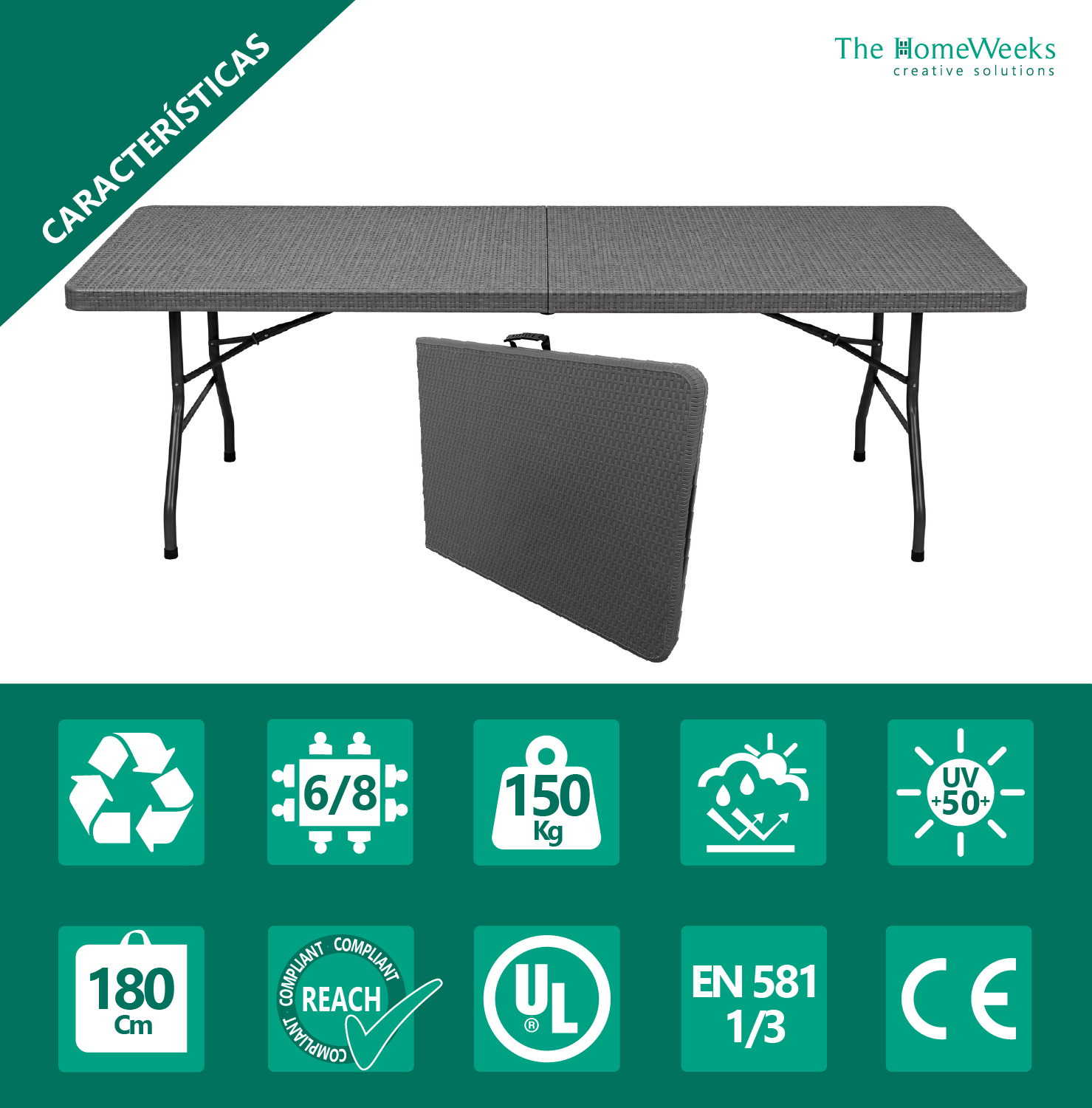 Mesa Plegable Solid Efecto Ratan Gris Antracita 180cm portátil Normativa Uso público Tablero Resina HDPE 3,5cm 6/8 pers. Carga 150 kg The Homeweeks - Imagen 4