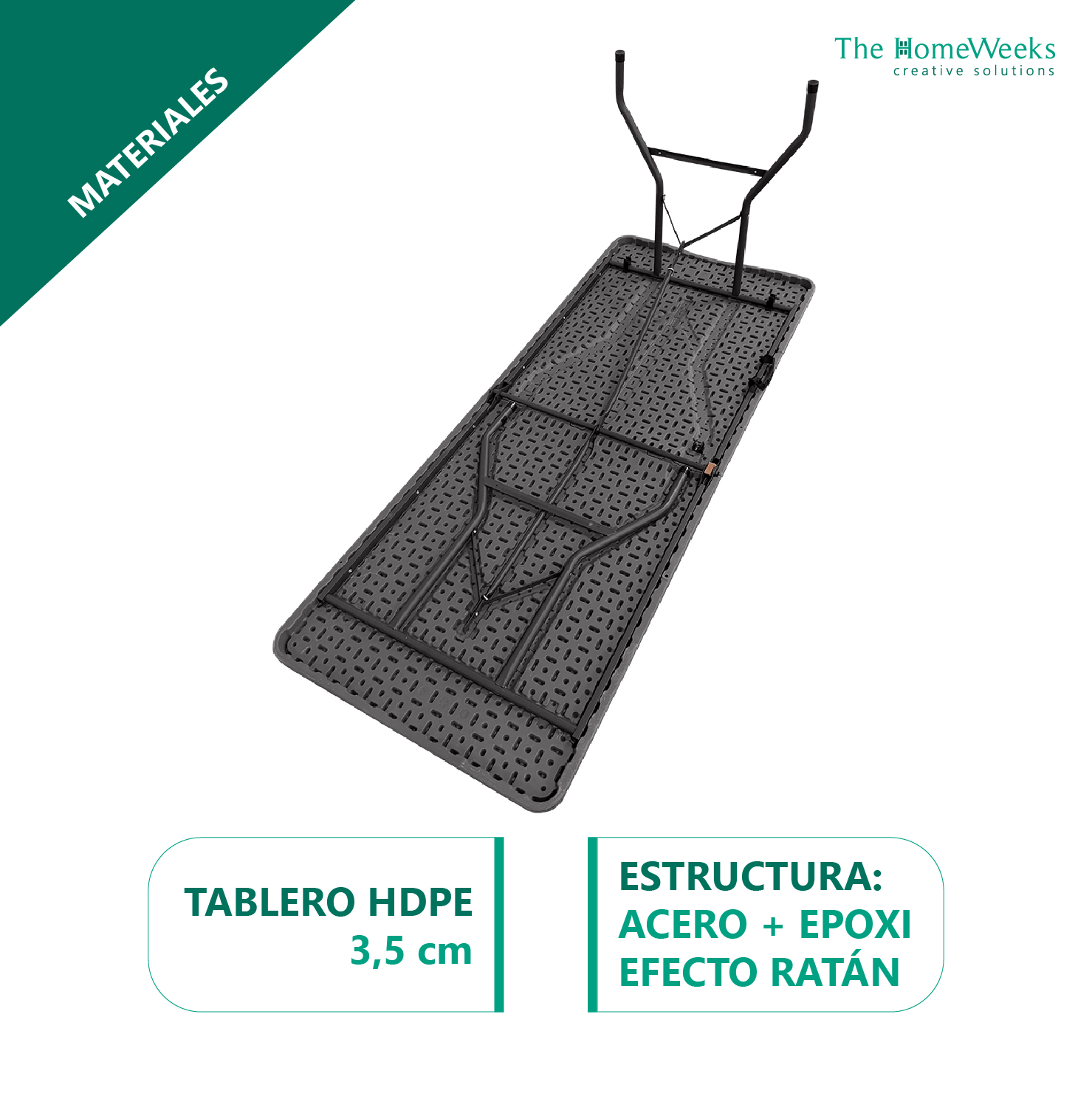 Mesa Plegable Solid Efecto Ratan Gris Antracita 180cm portátil Normativa Uso público Tablero Resina HDPE 3,5cm 6/8 pers. Carga 150 kg The Homeweeks - Imagen 9