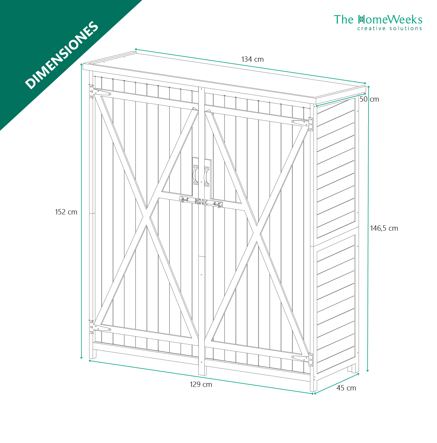 Cobertizo Armario Jardín ISABA Madera Tratada Maciza 135x50x152cm. Impermeable Doble Puerta con Cerrojo Cubierta Asfálto Impermeable The Homeweeks - Imagen 4