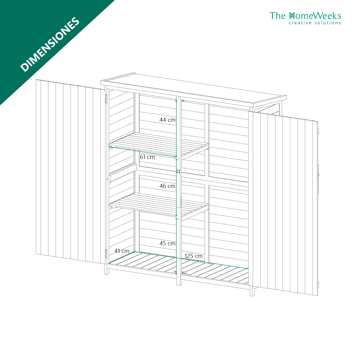 Cobertizo Armario Jardín ISABA Madera Tratada Maciza 135x50x152cm. Impermeable Doble Puerta con Cerrojo Cubierta Asfálto Impermeable The Homeweeks - Imagen 12