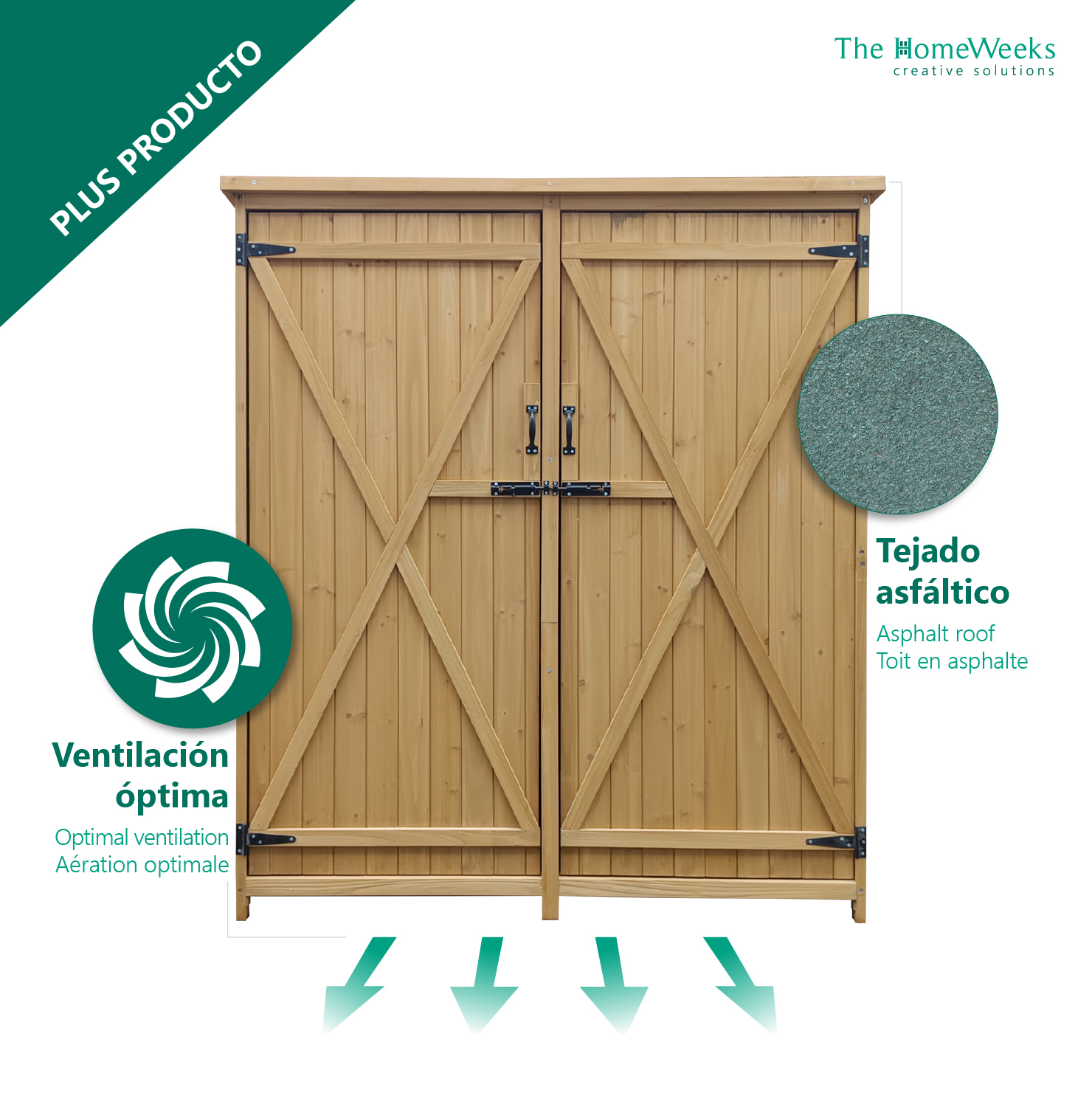 Cobertizo Armario Jardín ISABA Madera Tratada Maciza 135x50x152cm. Impermeable Doble Puerta con Cerrojo Cubierta Asfálto Impermeable The Homeweeks - Imagen 11