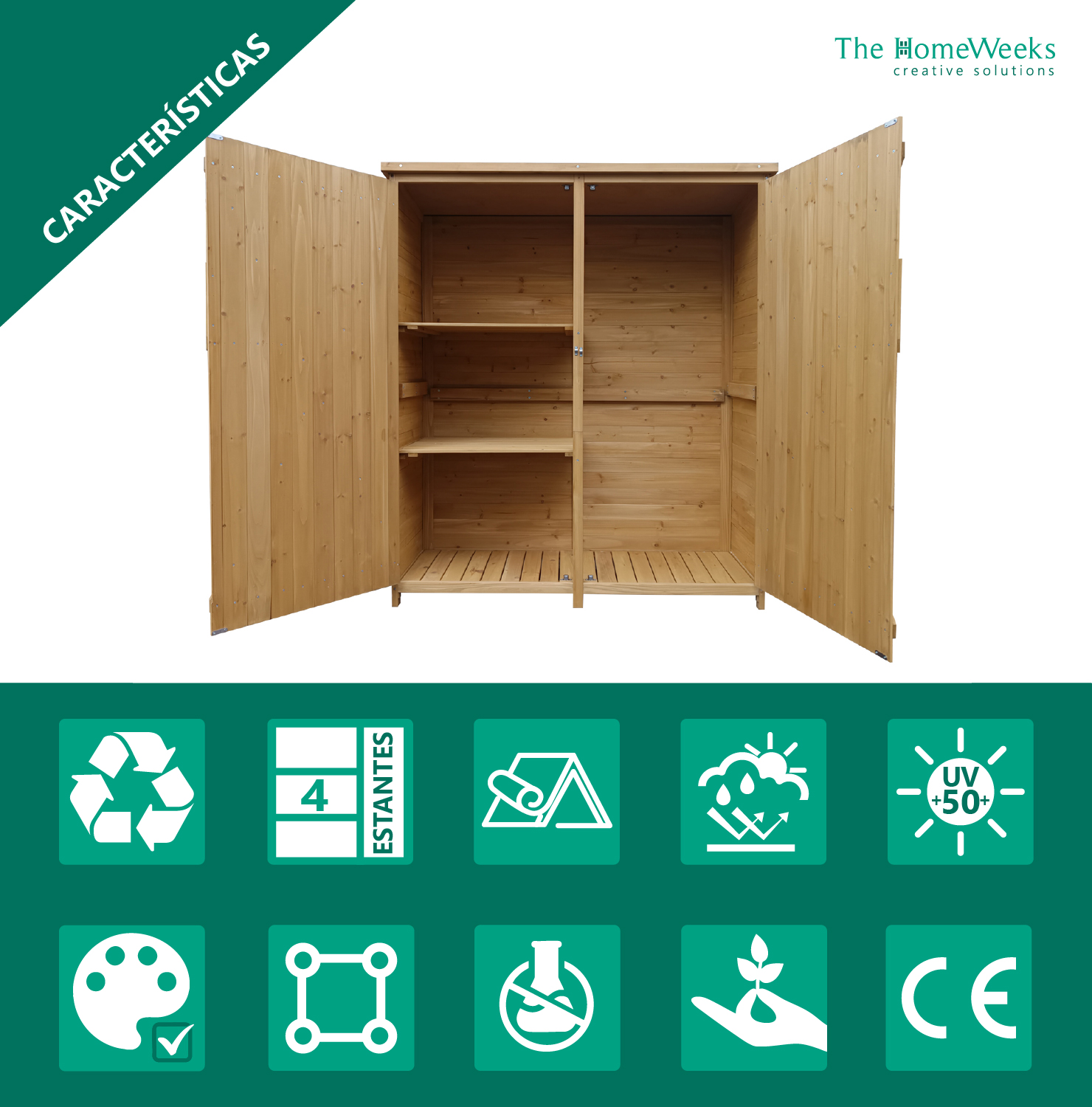 Cobertizo Armario Jardín ISABA Madera Tratada Maciza 135x50x152cm. Impermeable Doble Puerta con Cerrojo Cubierta Asfálto Impermeable The Homeweeks - Imagen 10