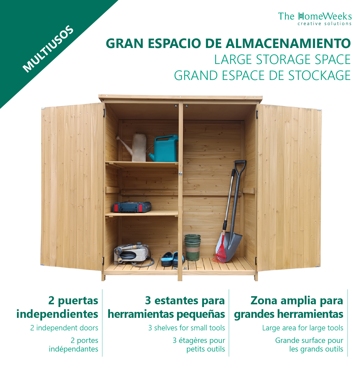 Cobertizo Armario Jardín ISABA Madera Tratada Maciza 135x50x152cm. Impermeable Doble Puerta con Cerrojo Cubierta Asfálto Impermeable The Homeweeks - Imagen 9