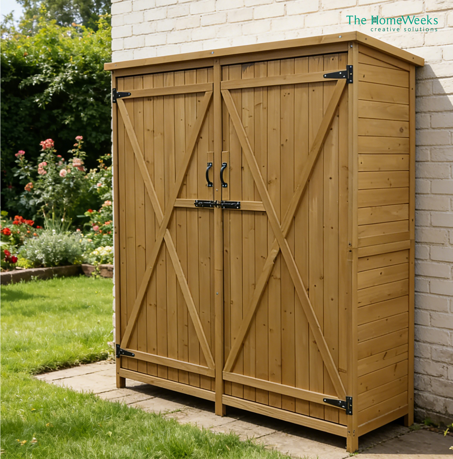 Cobertizo Armario Jardín ISABA Madera Tratada Maciza 135x50x152cm. Impermeable Doble Puerta con Cerrojo Cubierta Asfálto Impermeable The Homeweeks - Imagen 8