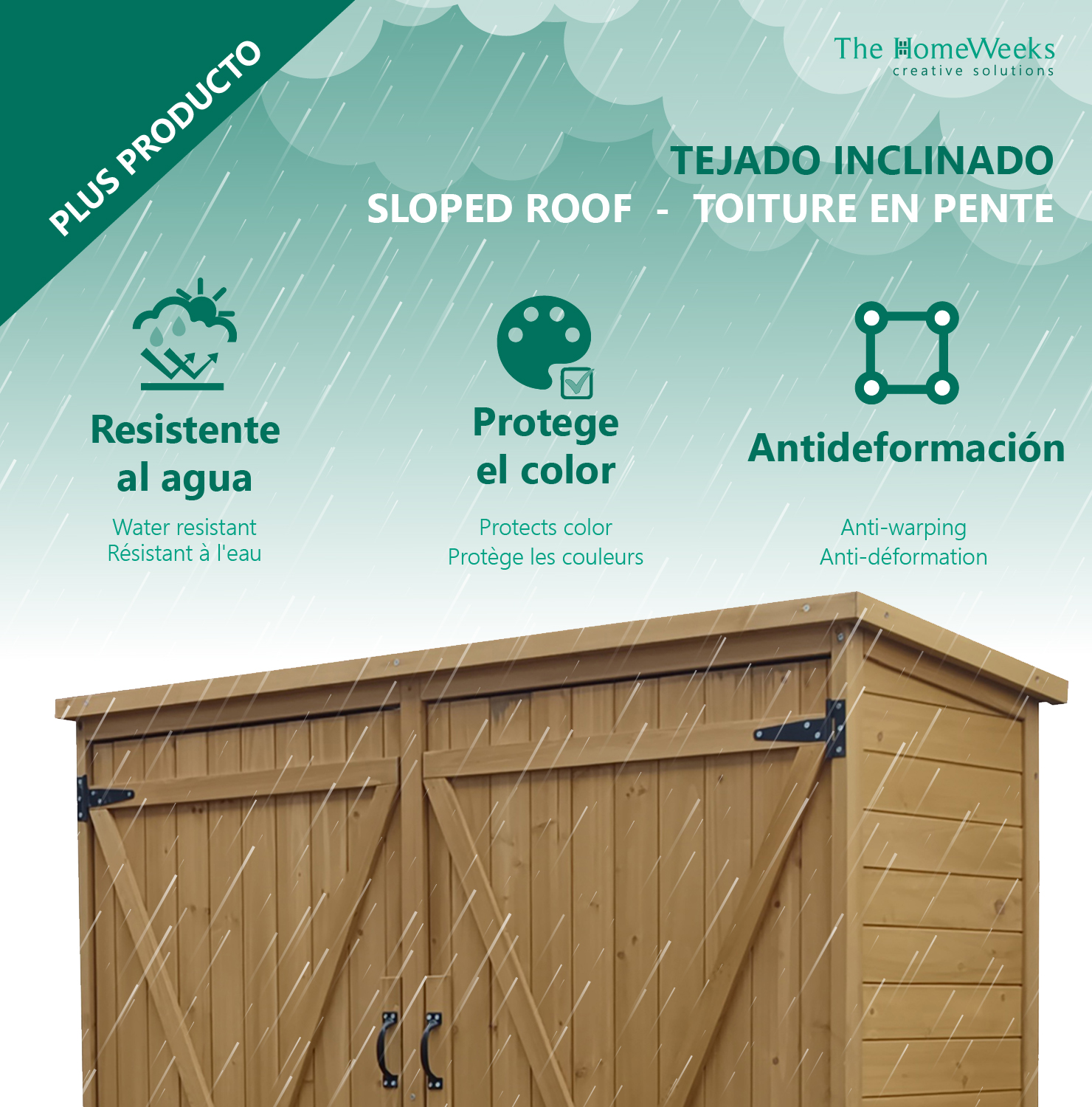 Cobertizo Armario Jardín ISABA Madera Tratada Maciza 135x50x152cm. Impermeable Doble Puerta con Cerrojo Cubierta Asfálto Impermeable The Homeweeks - Imagen 7