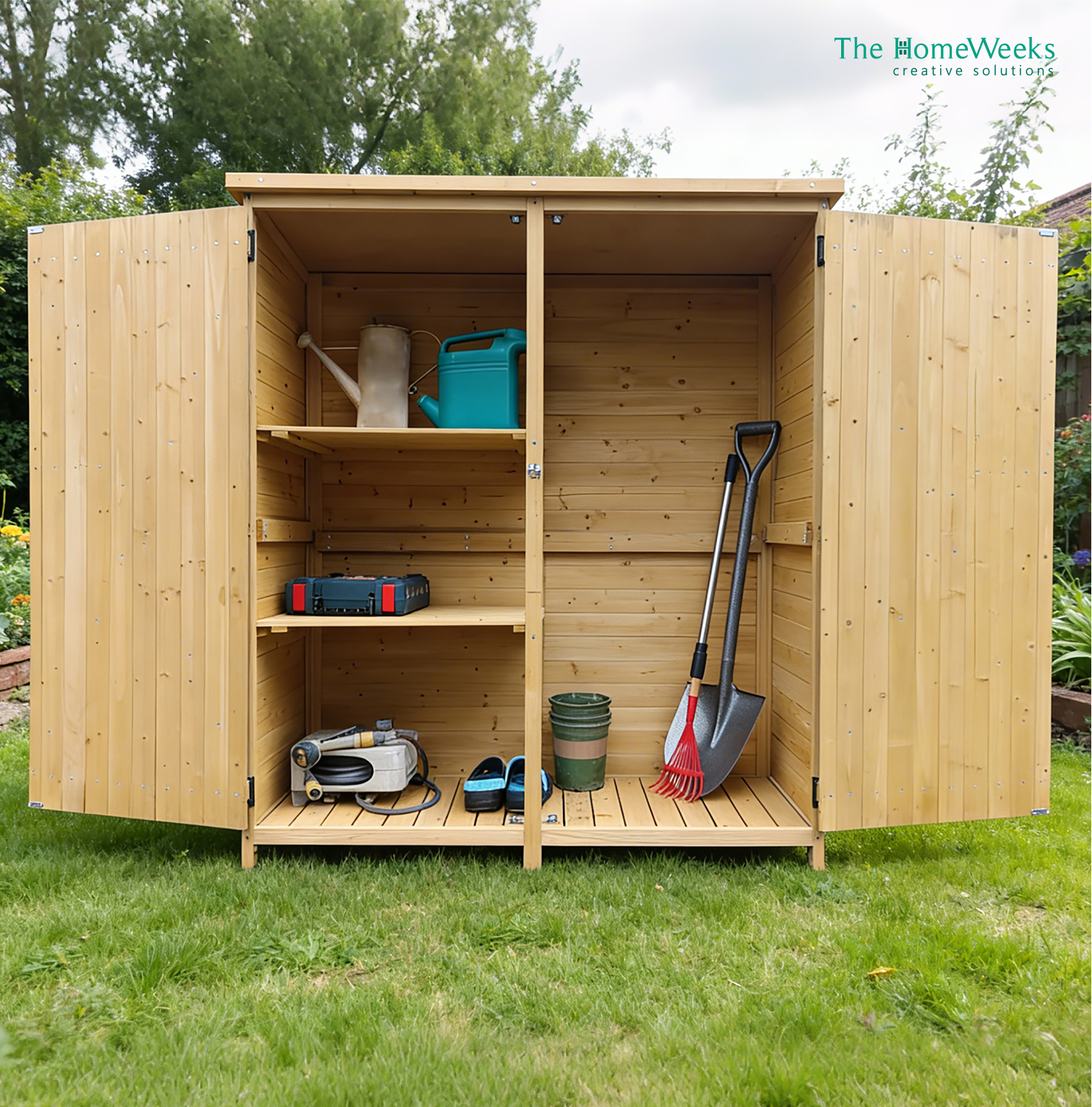 Cobertizo Armario Jardín ISABA Madera Tratada Maciza 135x50x152cm. Impermeable Doble Puerta con Cerrojo Cubierta Asfálto Impermeable The Homeweeks - Imagen 6
