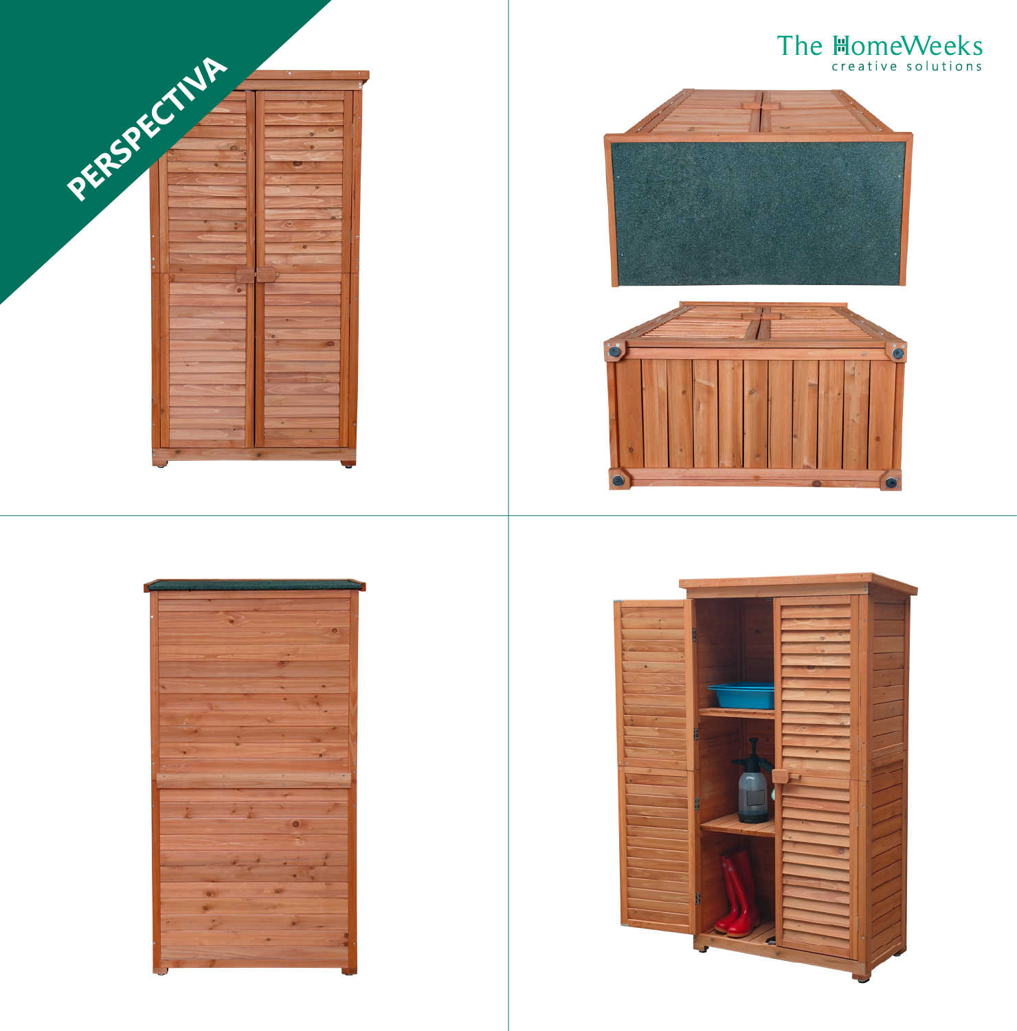 Cobertizo Armario Jardín IRATI Madera Tratada Maciza 87x46x160cm. Armario Impermeable para Almacenamiento Doble Puerta The Homeweeks - Imagen 4