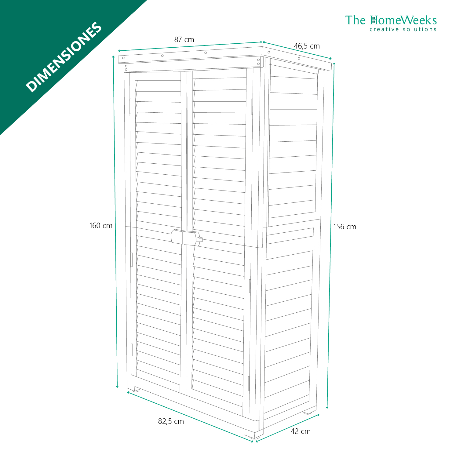 Cobertizo Armario Jardín IRATI Madera Tratada Maciza 87x46x160cm. Armario Impermeable para Almacenamiento Doble Puerta The Homeweeks - Imagen 3