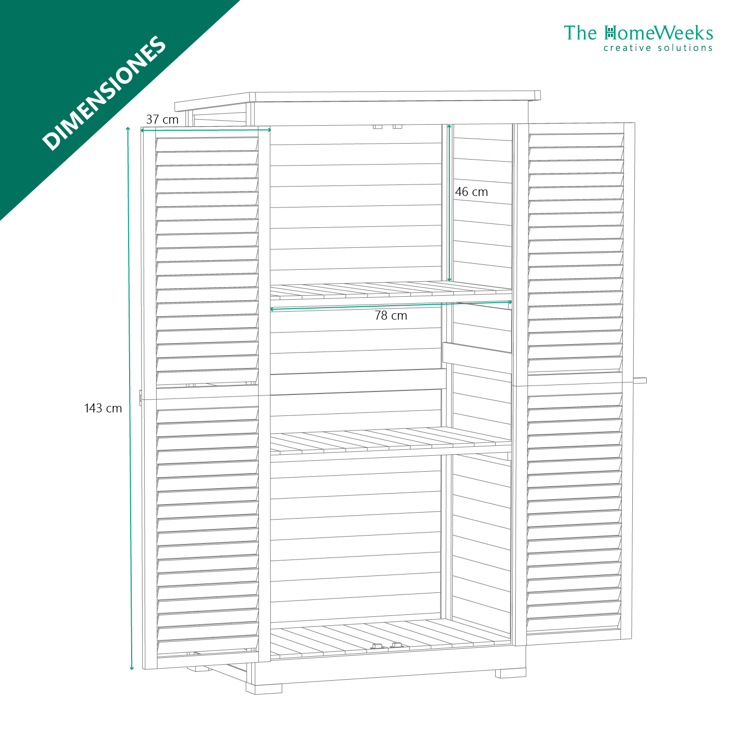Cobertizo Armario Jardín IRATI Madera Tratada Maciza 87x46x160cm. Armario Impermeable para Almacenamiento Doble Puerta The Homeweeks - Imagen 12