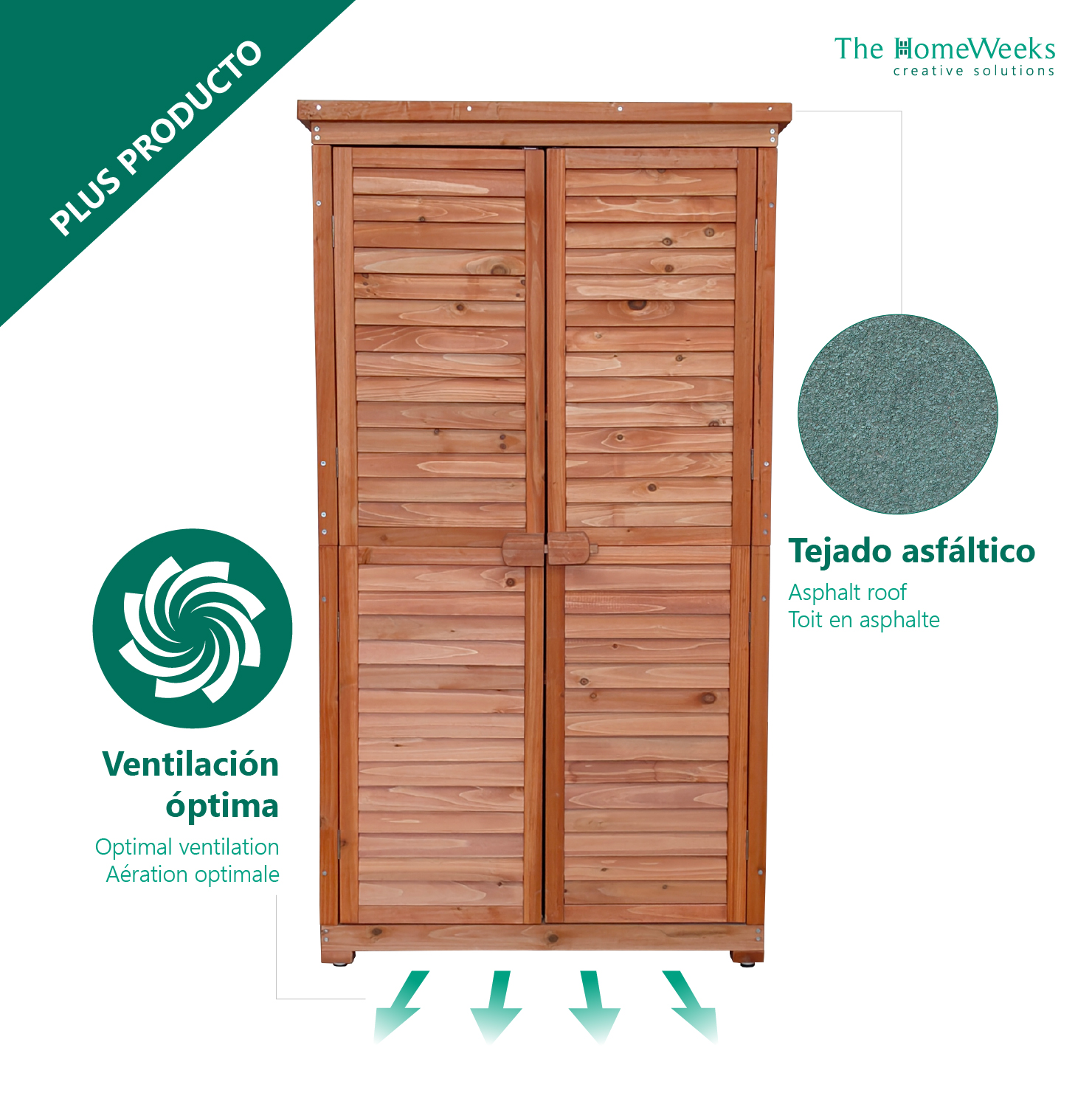 Cobertizo Armario Jardín IRATI Madera Tratada Maciza 87x46x160cm. Armario Impermeable para Almacenamiento Doble Puerta The Homeweeks - Imagen 11