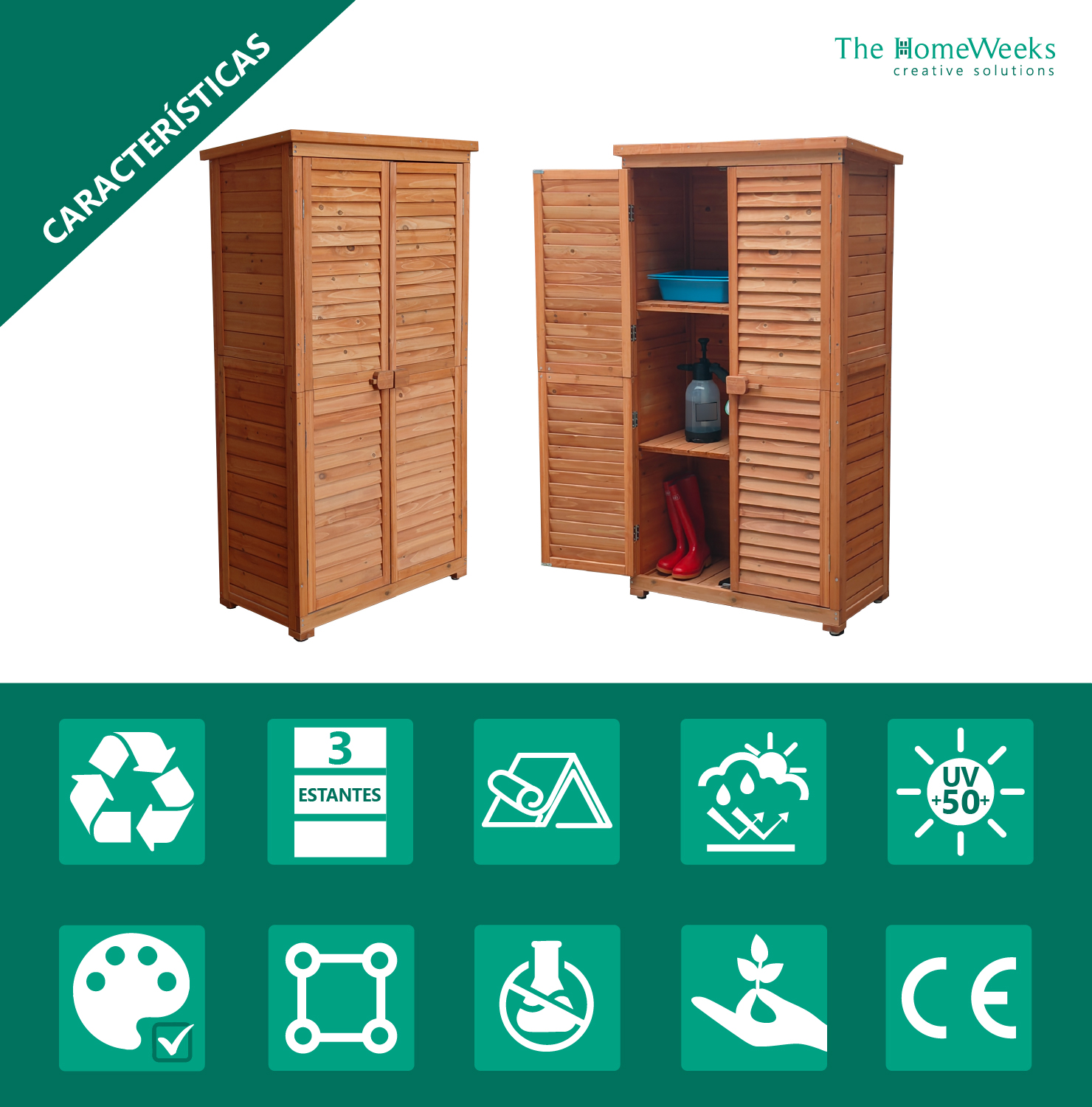 Cobertizo Armario Jardín IRATI Madera Tratada Maciza 87x46x160cm. Armario Impermeable para Almacenamiento Doble Puerta The Homeweeks - Imagen 10