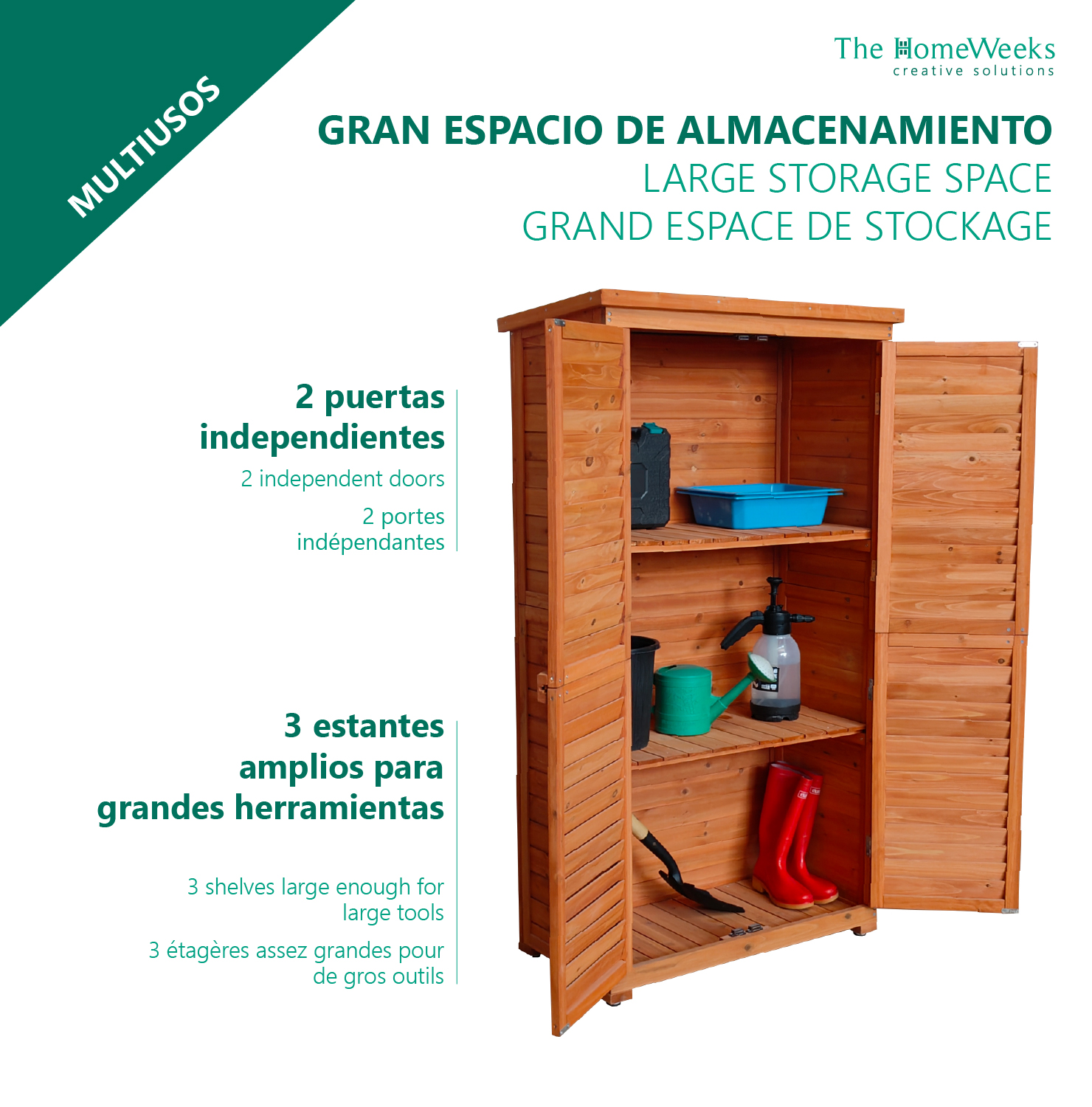 Cobertizo Armario Jardín IRATI Madera Tratada Maciza 87x46x160cm. Armario Impermeable para Almacenamiento Doble Puerta The Homeweeks - Imagen 9