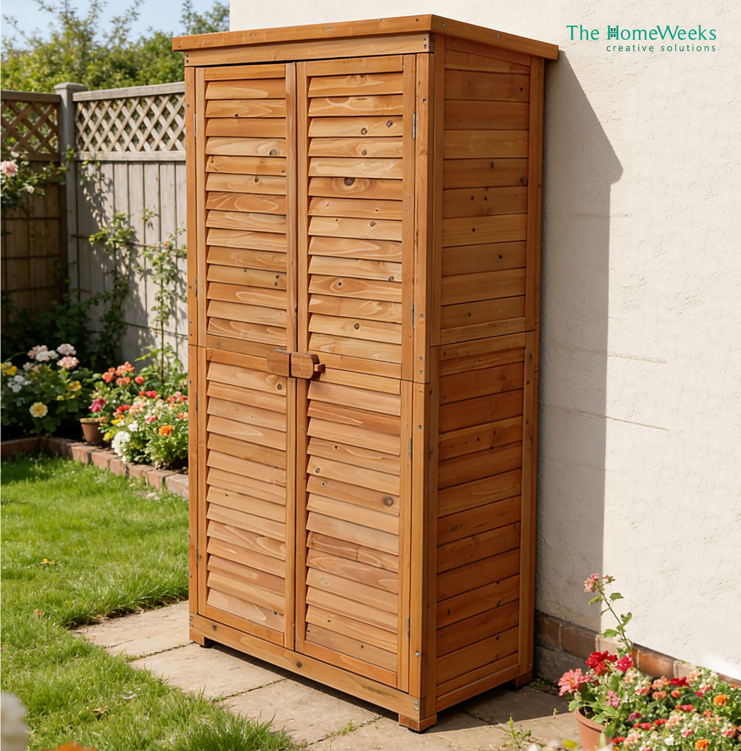 Cobertizo Armario Jardín IRATI Madera Tratada Maciza 87x46x160cm. Armario Impermeable para Almacenamiento Doble Puerta The Homeweeks - Imagen 8
