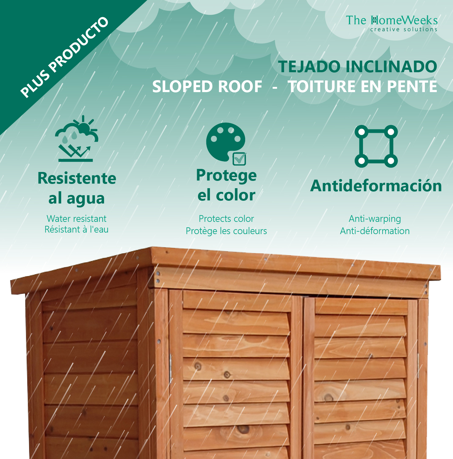 Cobertizo Armario Jardín IRATI Madera Tratada Maciza 87x46x160cm. Armario Impermeable para Almacenamiento Doble Puerta The Homeweeks - Imagen 7