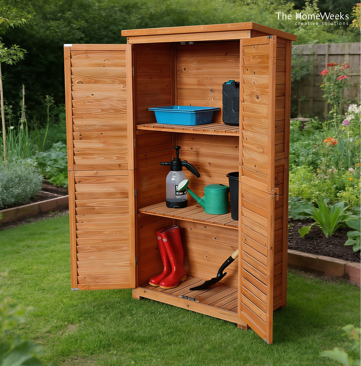 Cobertizo Armario Jardín IRATI Madera Tratada Maciza 87x46x160cm. Armario Impermeable para Almacenamiento Doble Puerta The Homeweeks - Imagen 6